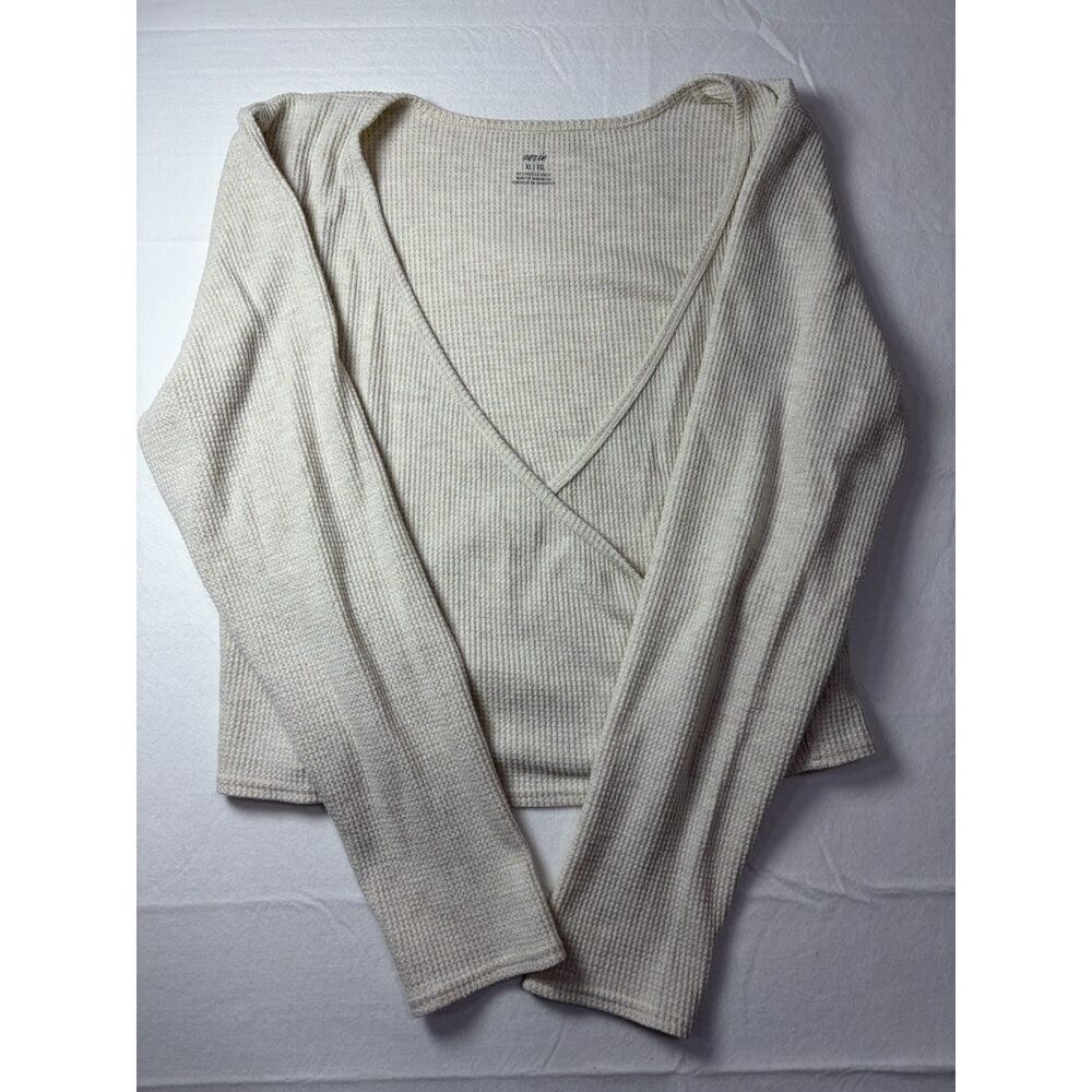 Aerie Waffle Knit Surplus Wrap Long Sleeve Top Cream Oatmeal Womens XL